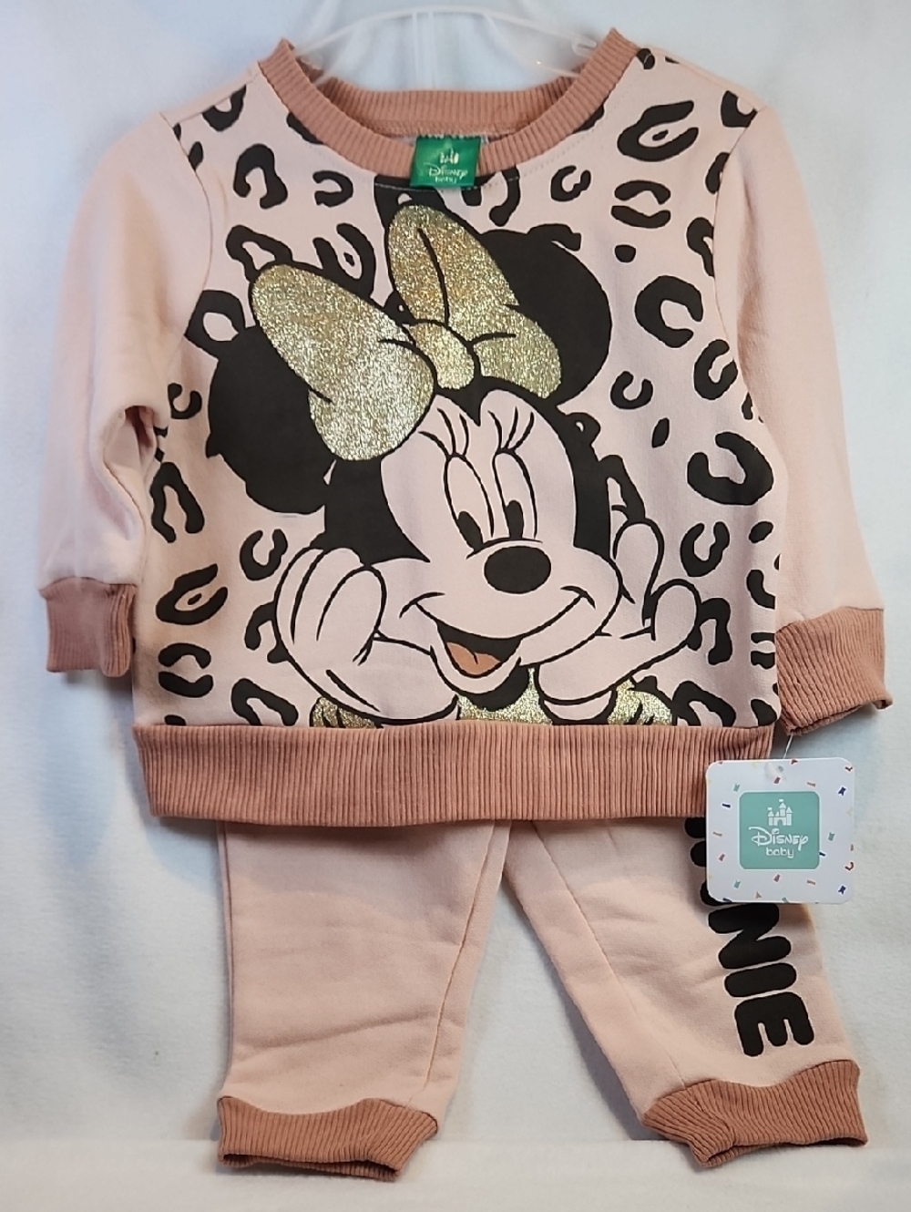 Disney 2pc. Peach Minnie Mouse Leopard Print Outfit with Gold Glitter Bow